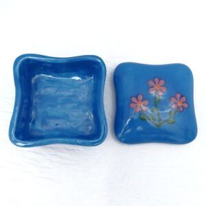 Handmade Ceramic Lidded Blue Square Trinket Dish with Handpainted Flowers